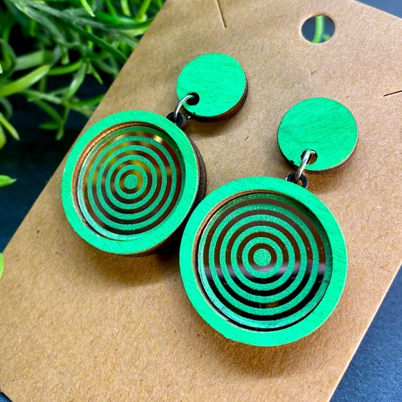 Hand Painted Rose Gold Mirror & Wood Drop Stud Earrings - Picture 1 of 1